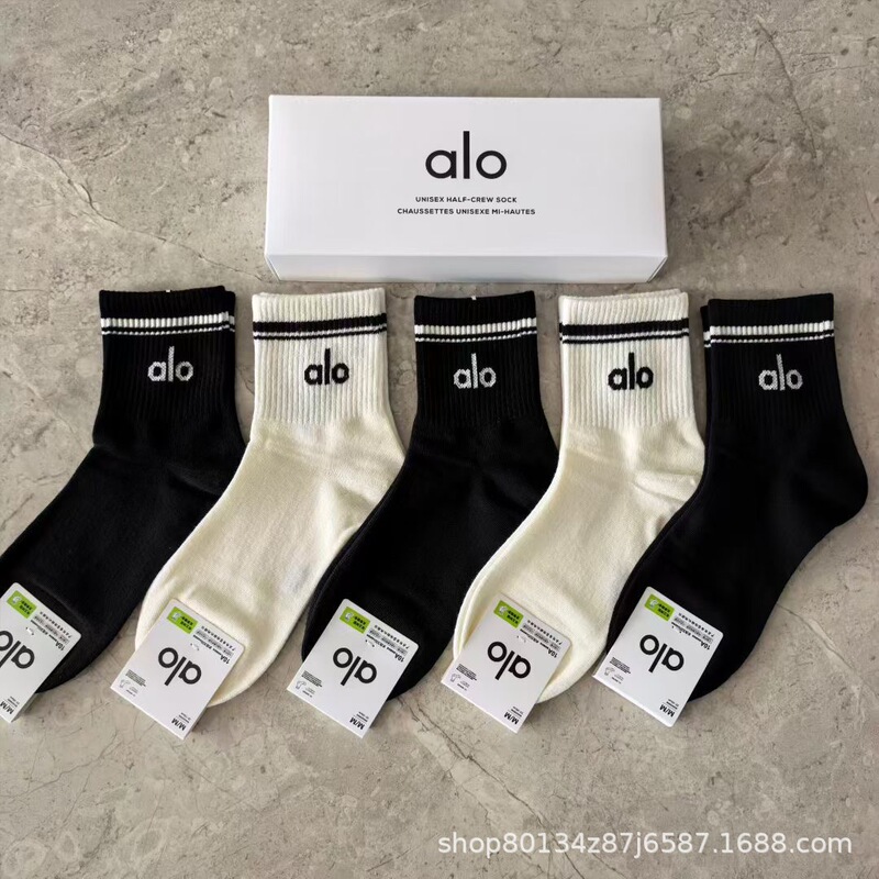 新品alo男女5双盒装运动短袜四季吸汗纯色网眼棉袜时尚男女情侣袜|undefined