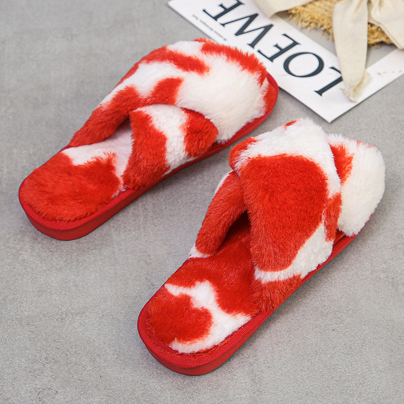 2021 Nuevo Hogar zapatillas de felpa patrón de vaca Cruz zapatillas de felpa casuales Zapatillas de algodón transfronterizo europeo y americano