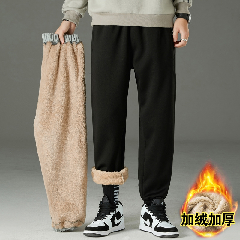 Men's fleece-lined sweatpants, men's sherpa-lined thickened pants, men's loose-fitting, warm, and comfortable sportswear for outdoor wear in winter
