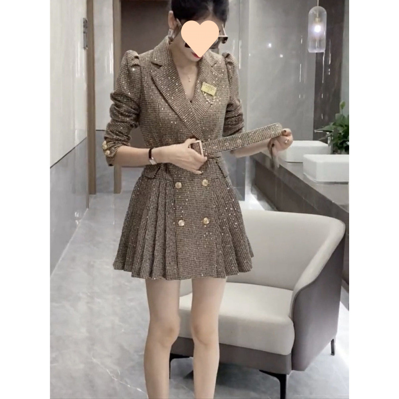 網紅小個子西裝裙女2025秋季款歐貨泡泡袖高腰顯瘦百褶連衣裙