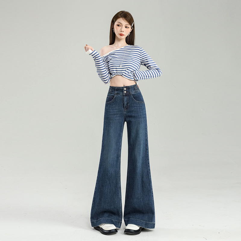 收腹高腰显瘦牛仔裤两粒扣设计感女2025年弹力春季怀旧阔腿裤|undefined