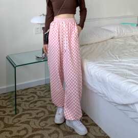 粉色格子休闲束脚卫裤女2022春季新款炸街宽松阔腿运动裤长裤子潮