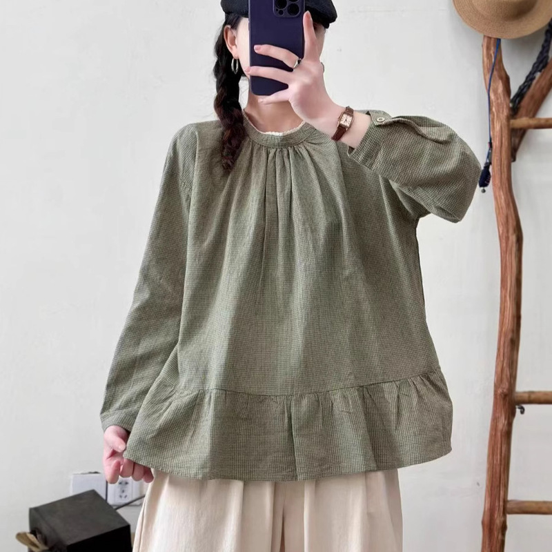 Spring and Autumn Women's New Style Mori-Style Plaid Lace Collar Back Button Loose Long-Sleeved Shirt Women's Blouse Top Wholesale