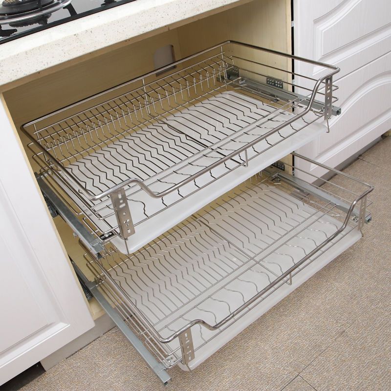 304 Stainless Steel Solid Damping Buffer Cabinet Pull-Out Drawer Bowl Rack Double-Layer Dish Kitchen Bowl Pull-Out Basket