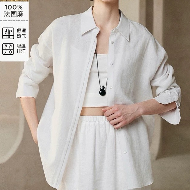 Old Money Style White French Linen Shirt Set for Women, Spring 2026, Loose High-Quality Linen Shirt