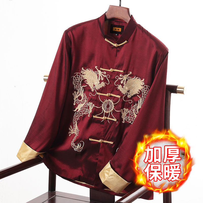 中老年秋冬唐装男士长袖厚款爸爸装中国风演出服老人生日过年服