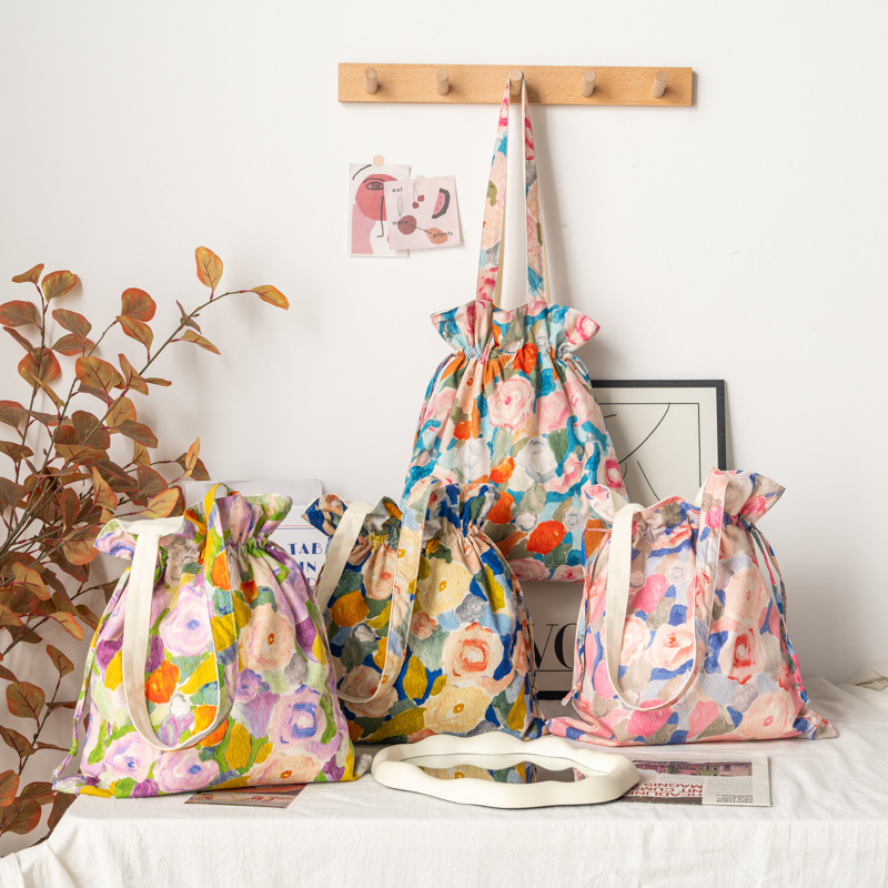 夏季新款小清新碎花单肩包 大容量帆布包托特包手提女学生购物袋