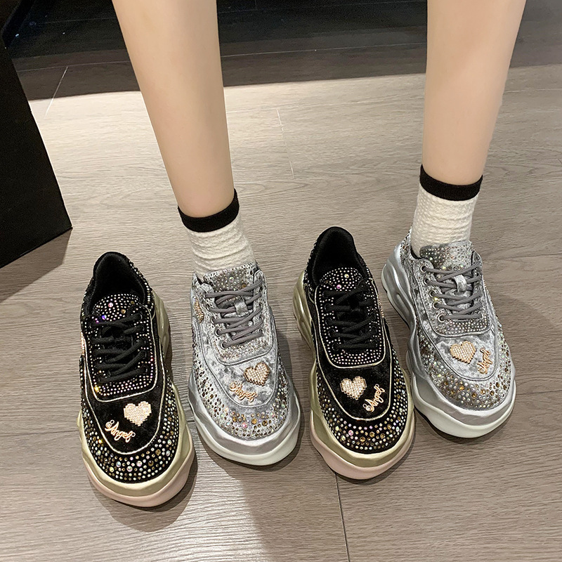 Strass papa chaussures vêtements d'extérieur pour femmes automne et hiver nouvelle mode à semelles épaisses chaussures de sport décontractées en daim chaussures simples à la mode_voghion.com