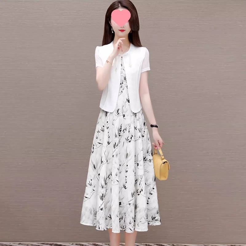 Элегантное женское платье 2025 года, новое летнее, в китайском стиле, свободного кроя, больших размеров, скрывающее живот, стройнящее, с принтом, двухкомпонентный костюм