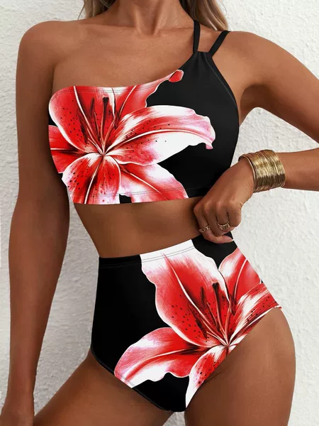 2026 New Women's High-Waisted Bikini Set One-Shoulder Floral Print Swimsuit 2-Piece Tummy Control Swimwear