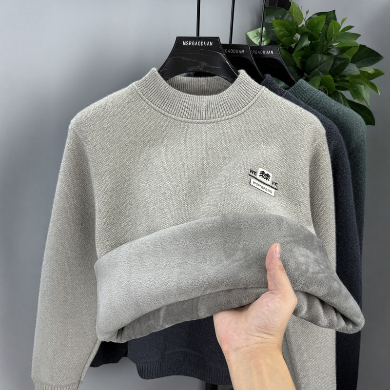 2025 Winter New Classy Half Turtleneck Sweater Men's Chenille One-Piece Velvet Fleece-Lined Thickeneded Warm Knitted Base