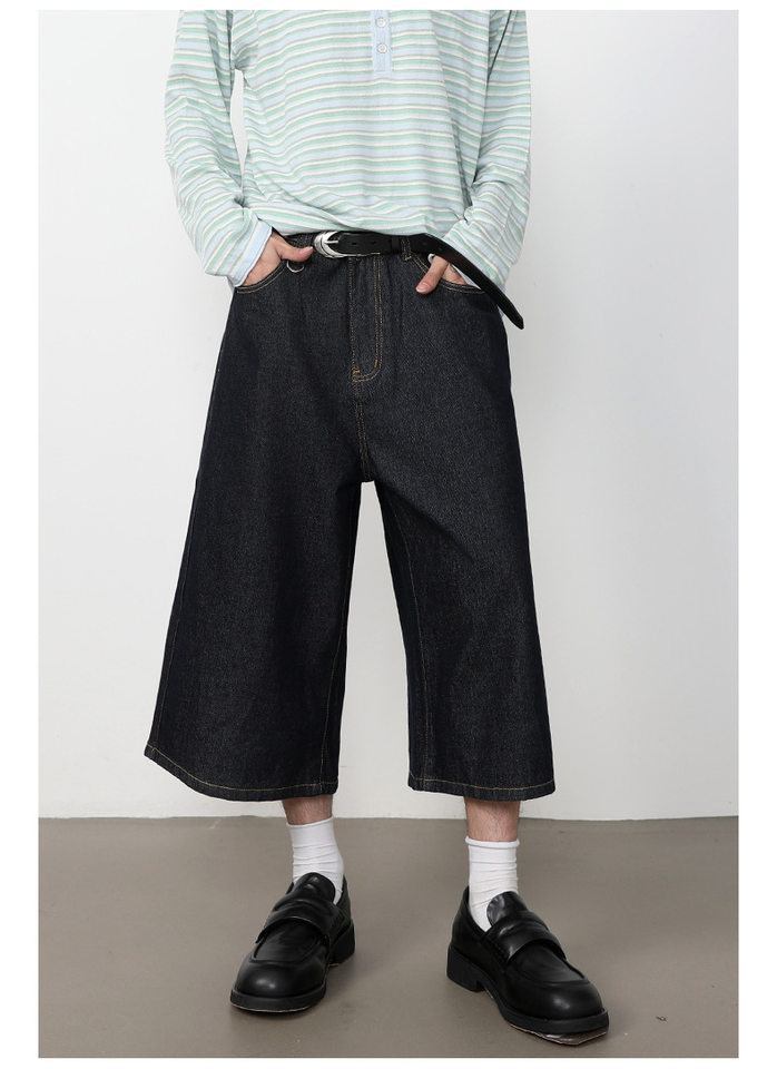 Quần short denim nam dáng rộng ống suông — Da bò thô màu đen, Xanh denim thô, Xanh đậm, Đen xám chi tiết 10