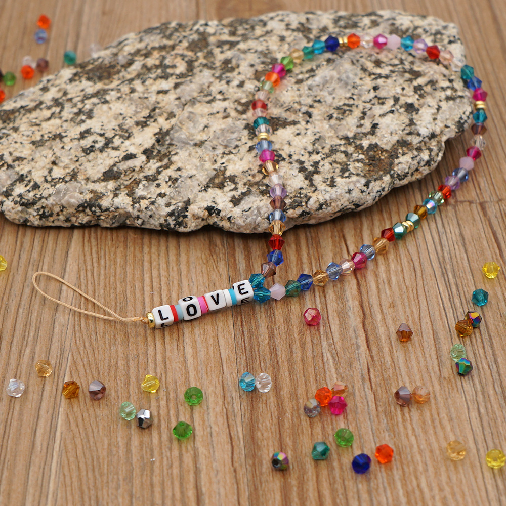 Candy color antilost mobile phone chain acrylic LOVE letter beads short rainbow crystal mobile phone lanyardpicture5