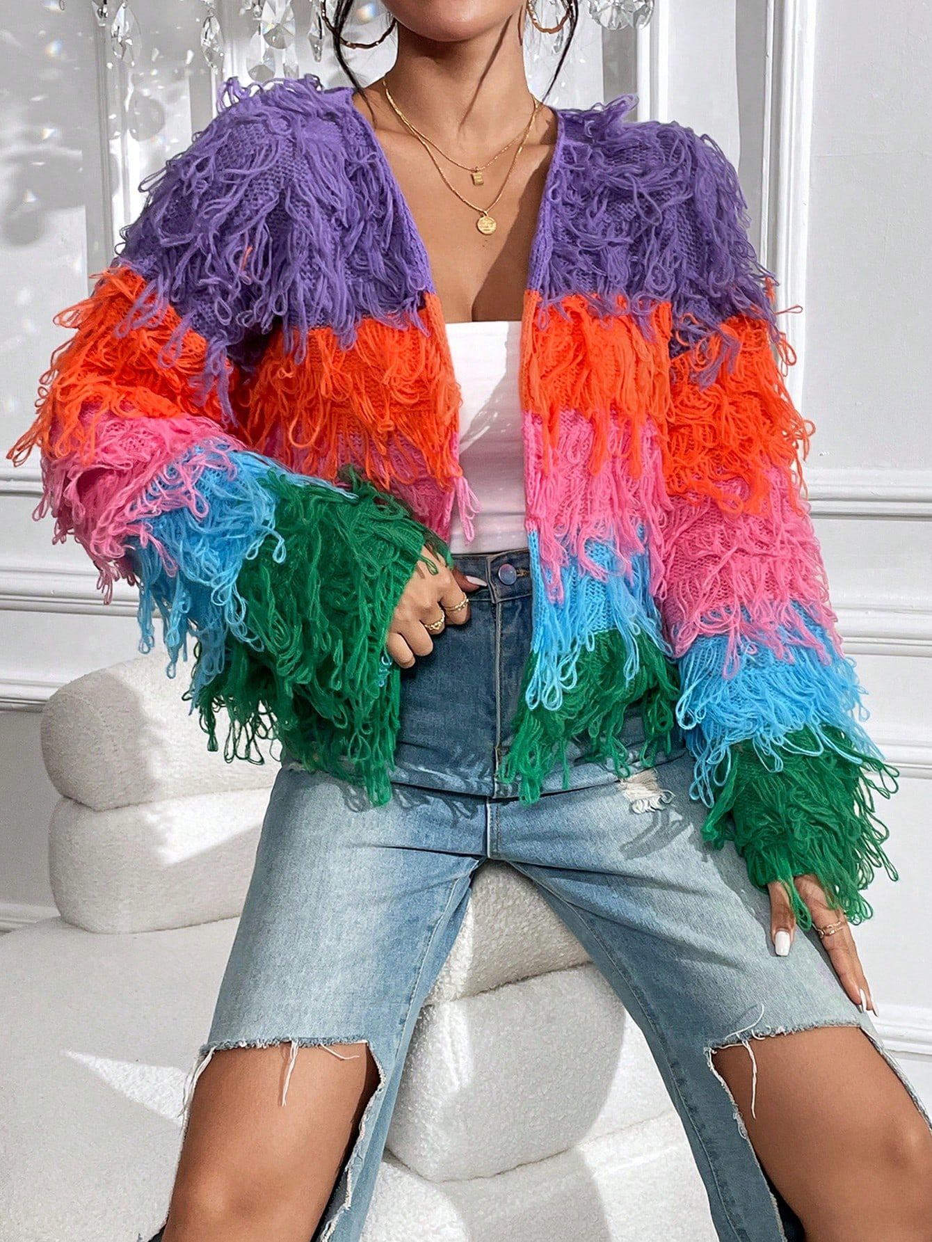 Fringe Gradient Cardigan Women's Fashion Knitwear Loose Fit Casual Long Sleeve V-Neck Boho Chic Sweater_ecoleips.com