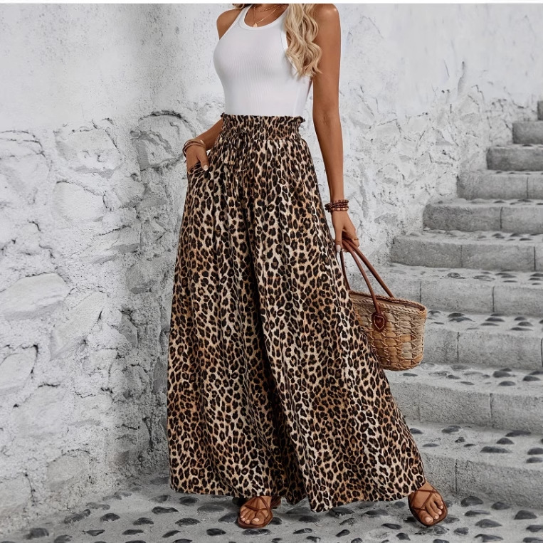 2026 European and American Cross-Border Amazon Independent Site New High-Waisted Leopard Print Loose Casual Wide-Leg Pants for Women