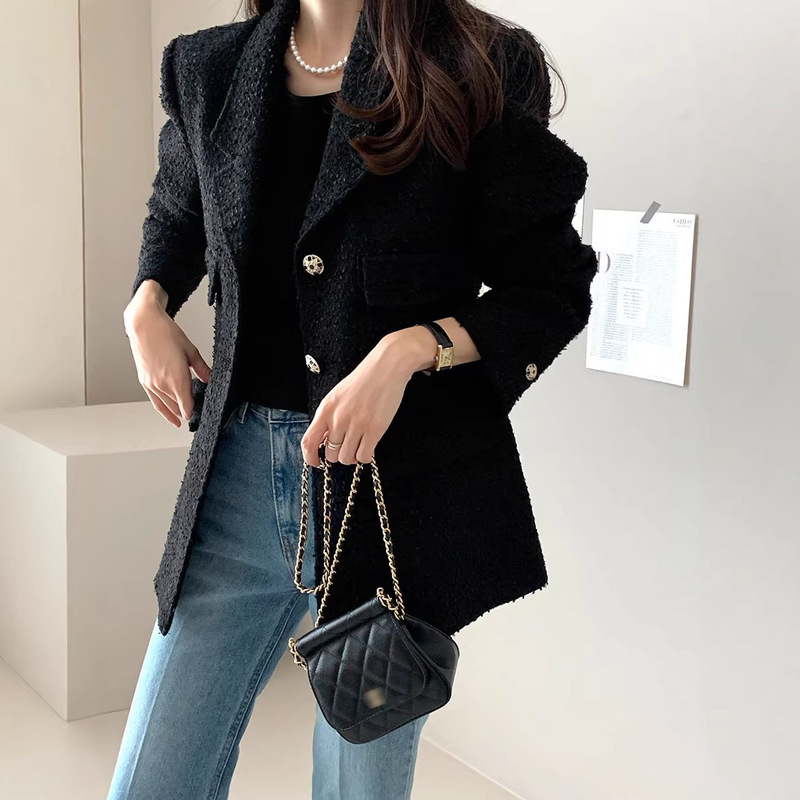 Korean Dongdaemun Chic Chanel-Style Jacket, Slim-Fit Tweed Blazer with Faux Pockets, Elegant and Stylish Korean Dongdaemun Chic Chanel-Style Jacket, Slim-Fit Tweed Blazer with Faux Pockets, Elegant and Stylish
