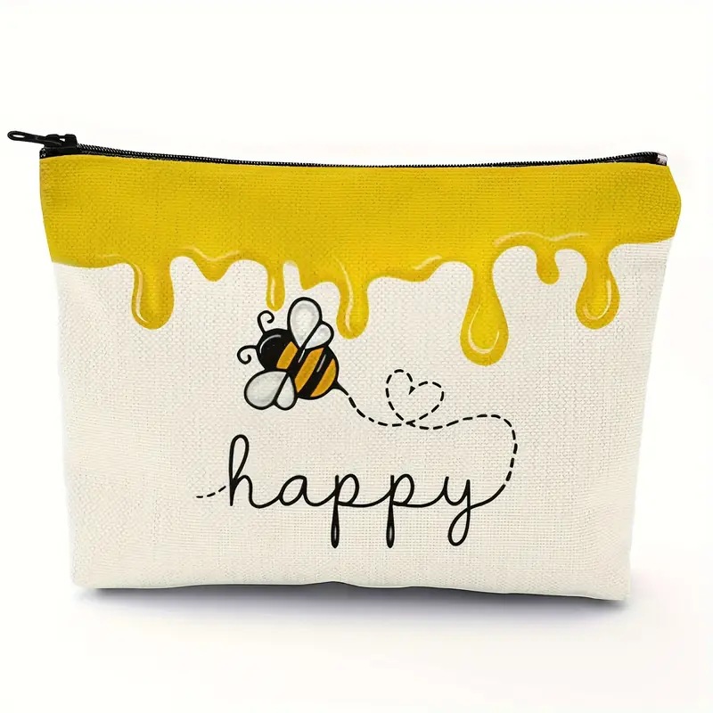 Transfronterizo Amazon Festival de abejas lino impresión doble cara bolsa de maquillaje bolsa de almacenamiento bolsa multifuncional de cremallera