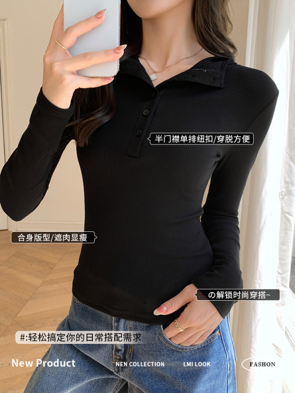 K2216严选半开扣连帽卫衣女秋冬季条纹内搭打底衫修身长袖上衣T恤|undefined
