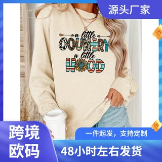 Country & Hood 印花运动衫，休闲长袖圆领运动衫，适合春秋，女