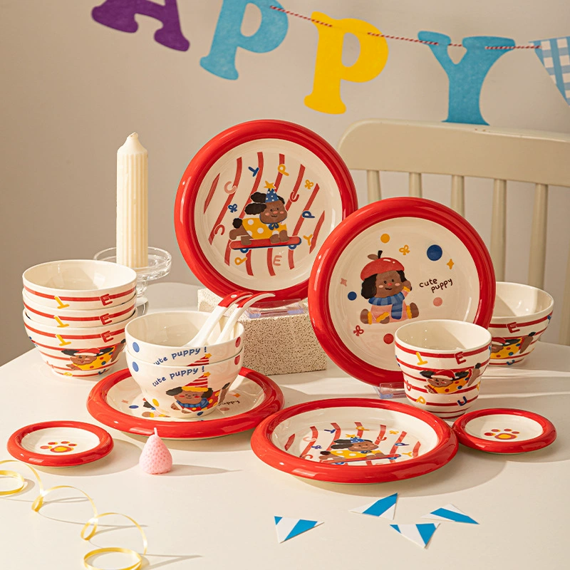 Набор керамической посуды с мультяшным дизайном, милые креативные миски и тарелки с подглазурной расписью в виде щенков, керамическая посуда для дома