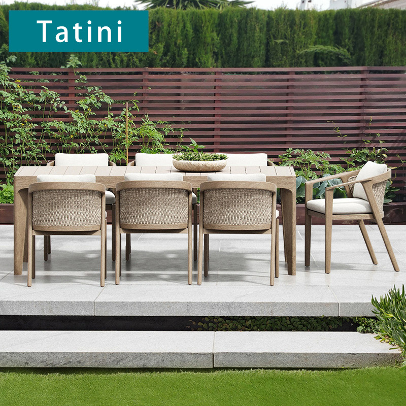 Conjunto de mesa y sillas de teca para terraza, patio, solarium, jardín, sillas de ratán resistentes al agua y al sol para exteriores.