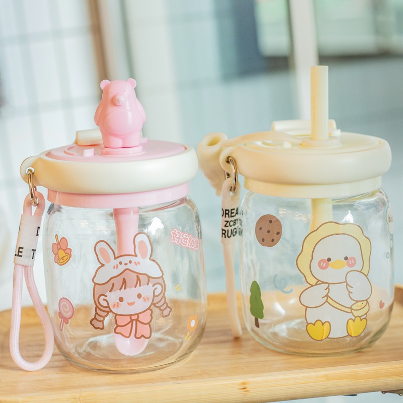 Taza de agua creativa para niños de dibujos animados taza de paja de gran capacidad de mano taza de vidrio portátil taza de oso lindo