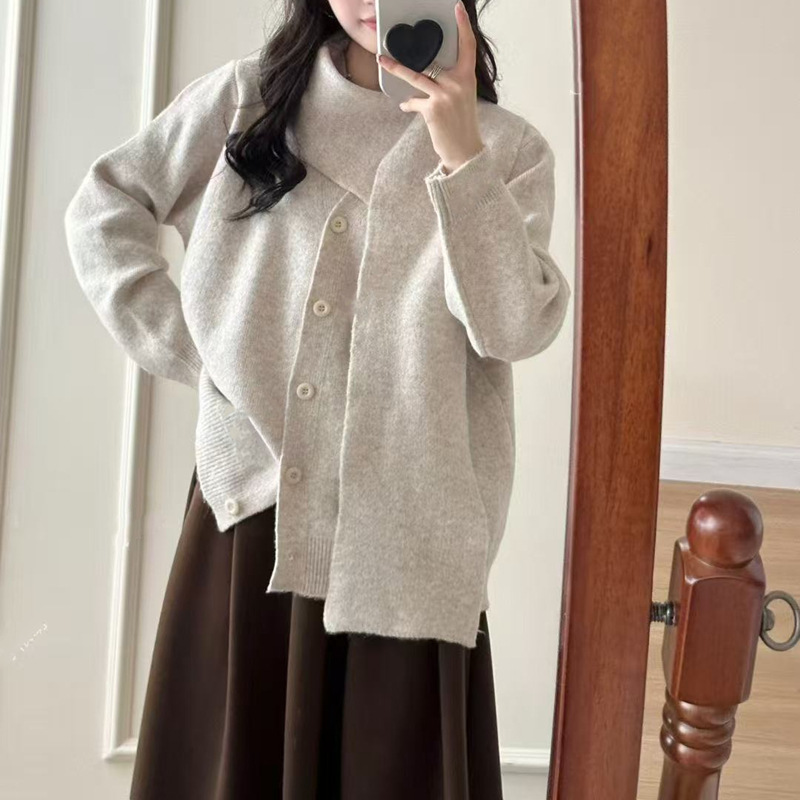 设计感围巾领飘带针织外套女2025秋冬新款长袖慵懒风针织衫上衣女