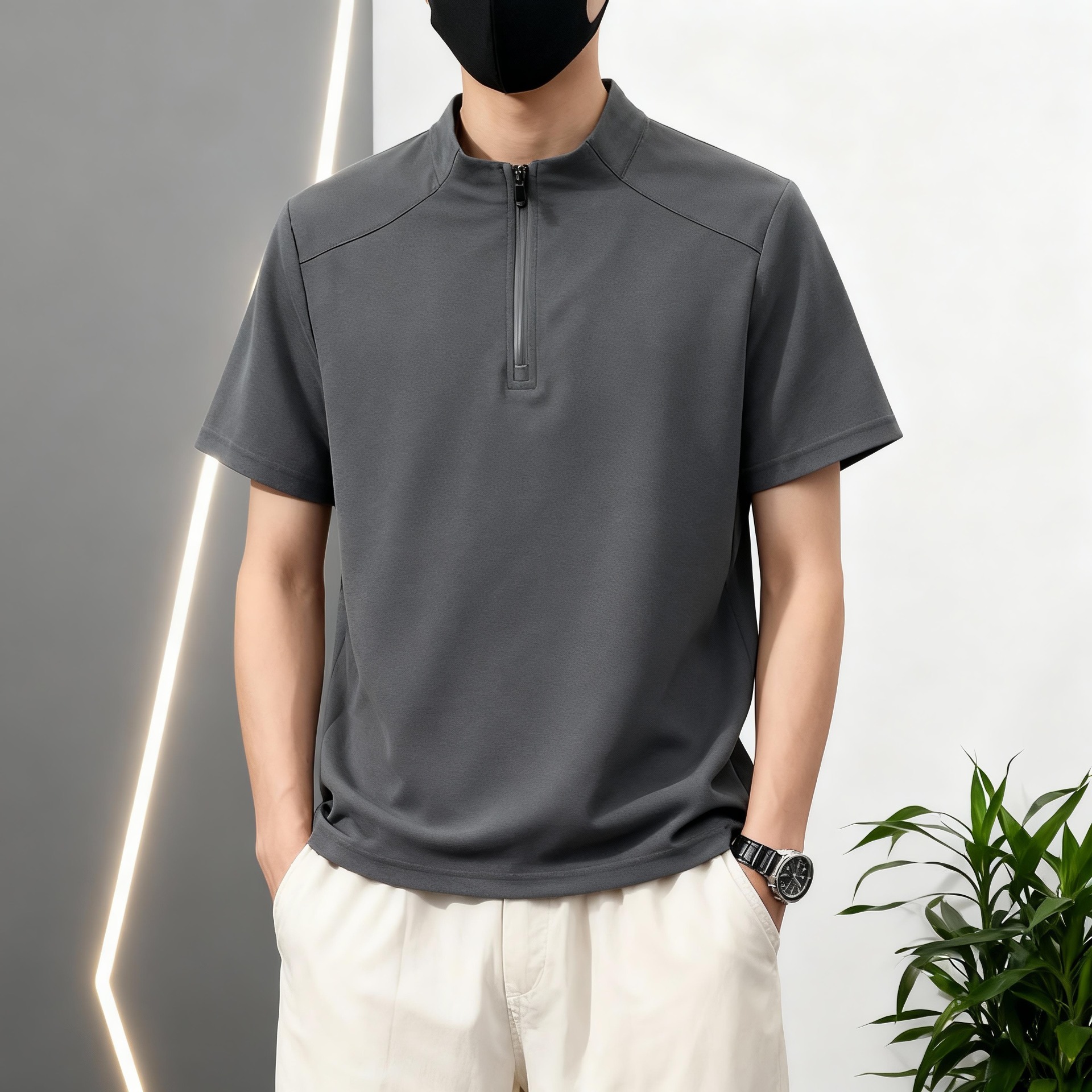Transfronterizos al aire libre para hombres secado rápido camiseta de manga corta para hombres 2026 verano delgado cuello medio cremallera camiseta casual transpirable
