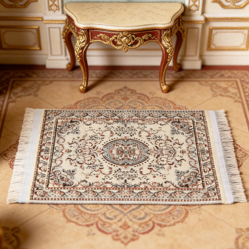 Dollhouse Mini Floor Decoration for the Living Room, Ethnic Style Woven Carpet Rug with Tassels, Vintage