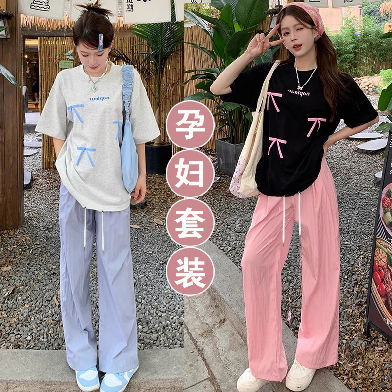 Pregnant Women's Two-piece Wide-leg Pants Printed Short-sleeved T-shirt Women's Summer Korean-style Loose All-match Casual Top