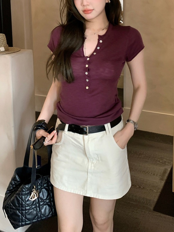 至简主义亨利领短袖t恤女新款夏季修身显瘦上衣|undefined