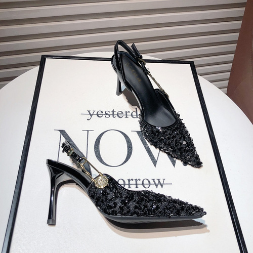 Ladies' Sparkling Fabric Platform High Heels with Pointed Toe and Thin Heel, Casual and Fashionable, Spring and Summer One-Buckle Pair with Dress, Evening Shoes and Single Shoes