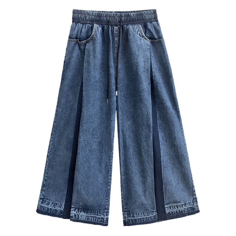 Calle americana plisado lavado contraste color jeans mujeres otoño nueva moda suelta estilo occidental casual pantalones de pierna ancha