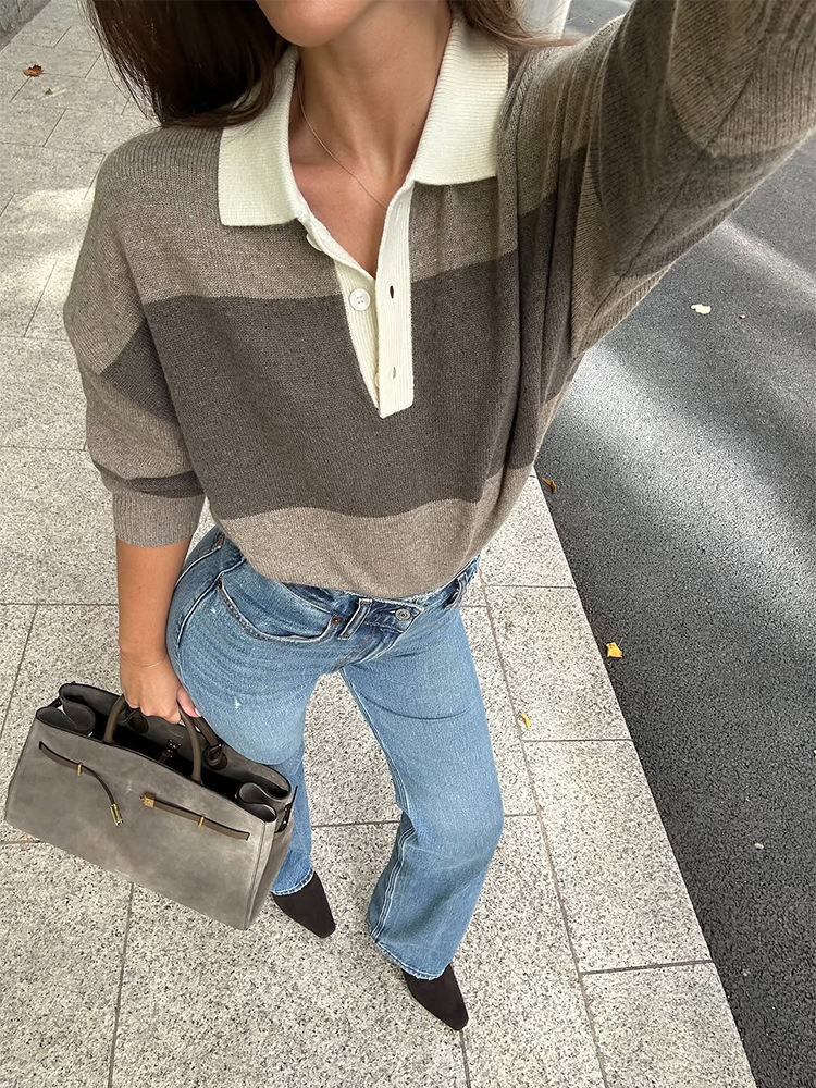 Coreano simple ocio viento suelto con solapa empalmado suéter para mujeres 2025 otoño y invierno nuevo estilo transfronterizo europeo y americano