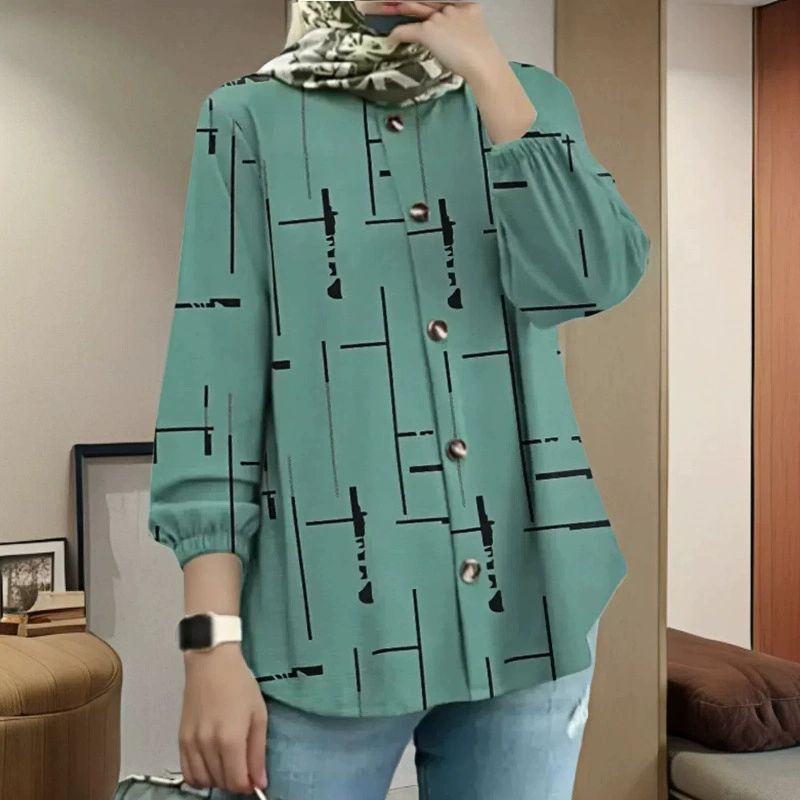 В наличии Amazon трансграничная женская мусульманская свободная модная богемная повседневная свободная рубашка с пышными рукавами и принтом