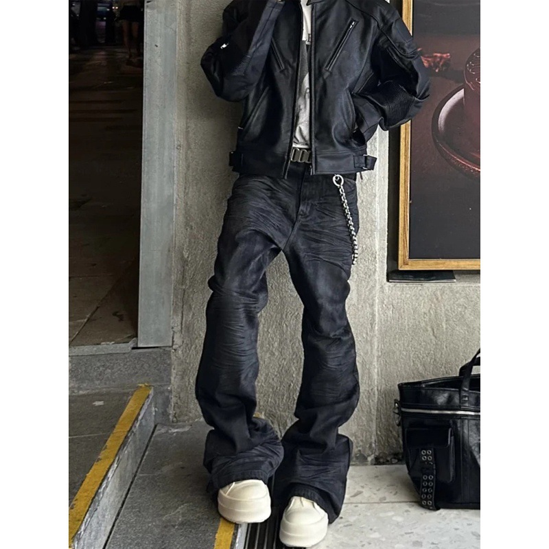 Men’s Black Waxed Coated Flared Jeans – High Street Vintage Stacked Hem Slim Fit Extra Long Pants (S-3XL)​