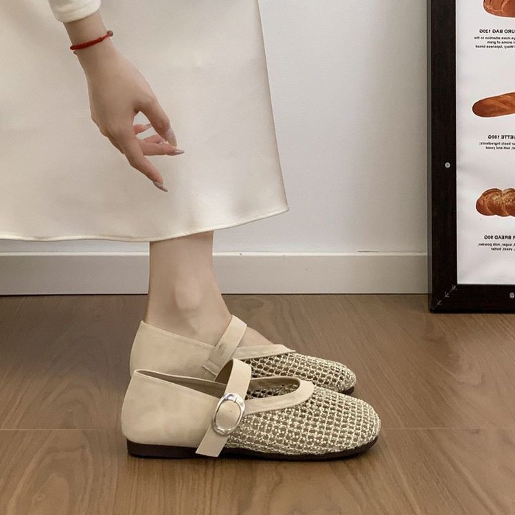 Retro mosaico trenzado Mary Zhen zapatos para mujeres 2026 nuevo con falda plana hueco sandalias de red de pesca transpirables