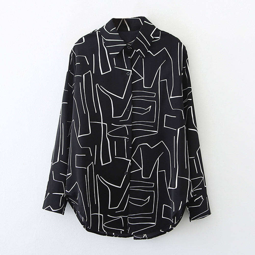 Black Geometric Pattern Print V Neck Long-Sleeved Basic Blouse NSJR88117