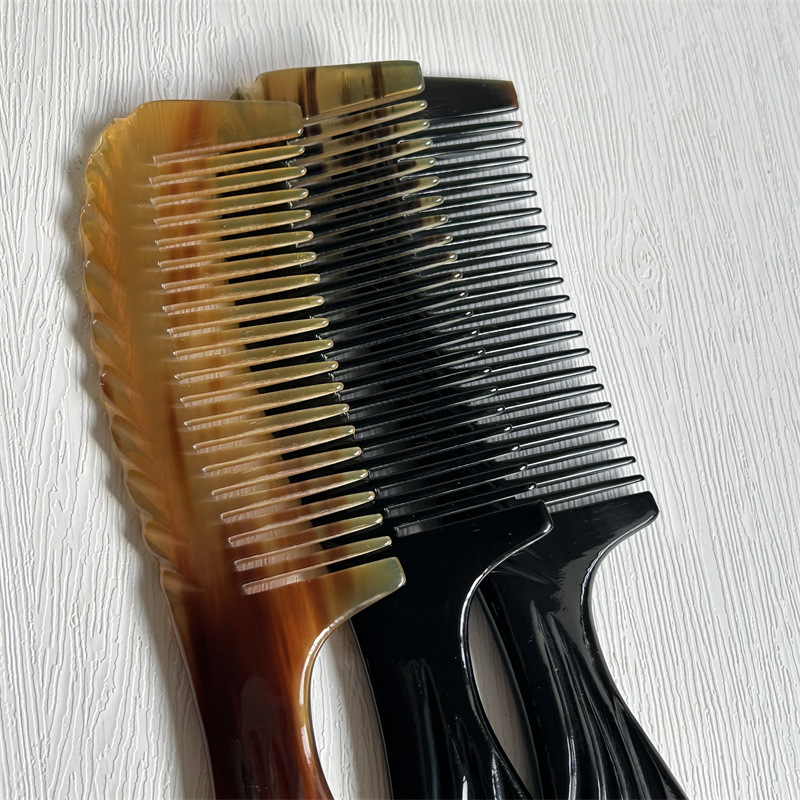 16cm Carved Ox Horn Comb Long Handle Gua Sha Hair Comb Black Flower Pattern quality and texture