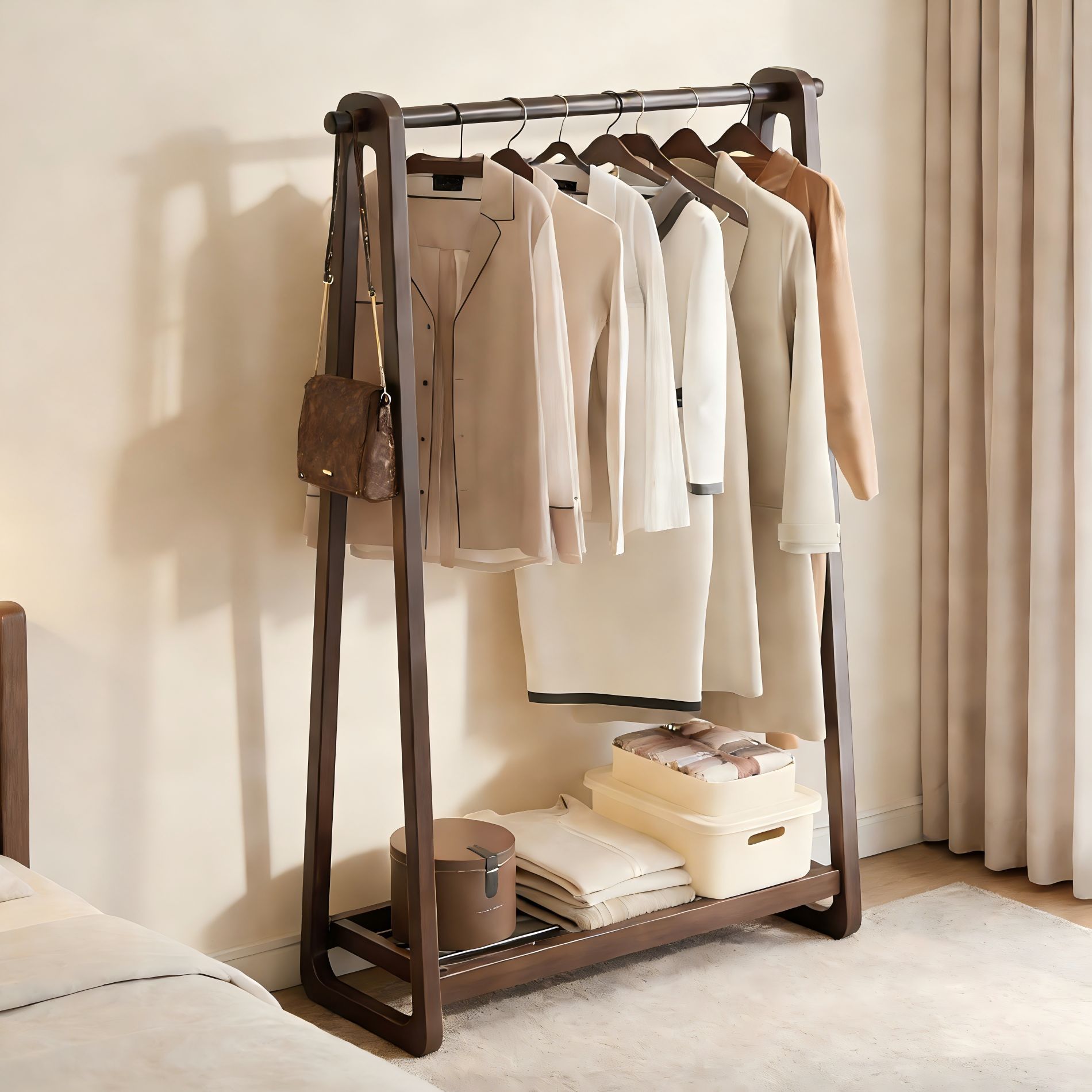 Solid Wood Floor-Standing Clothes Rack for Bedroom, Home Use Coat Rack, Clothes Hanging Rack, Storage Shelf, Bed End Clothes Organizer