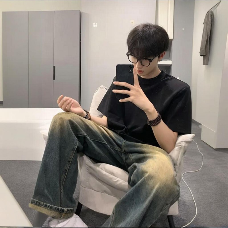 小领口纯色短袖男夏季cleanfit黑色t恤潮牌重磅美式纯棉打底衫男|undefined