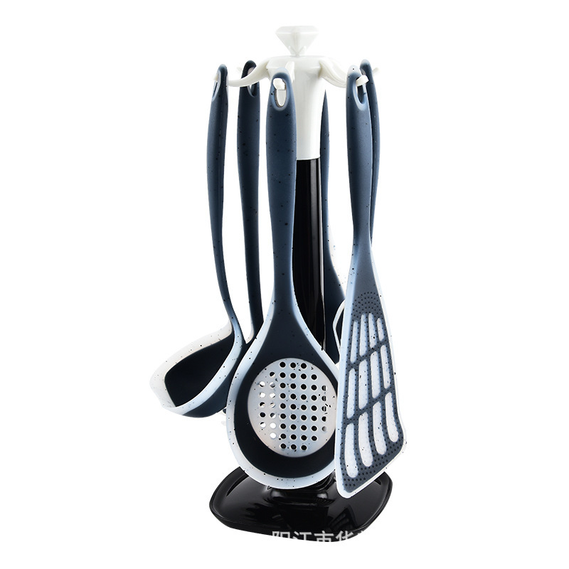 Utensilios de cocina transfronterizos de puntos de color, espátula de silicona semipermeable, soporte de almacenamiento de siete piezas de silicona, colador de pala de silicona en stock