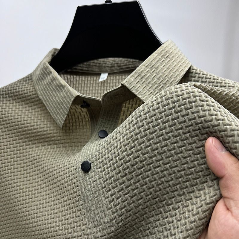 外国貿易ハイエンドアイスシルク半袖Tシャツメンズ夏薄いメッシュ通気性クールラペルシャツビジネストップトレンディ|undefined