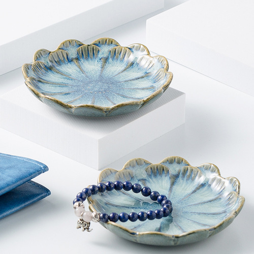 Nordic ins jewelry tray blue and pink storage tray household snack plate taste plate ceramic lotus jewelry display plate