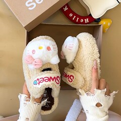 可爱卡通凯蒂猫厚底保暖毛毛鞋女2025秋冬新款外穿百搭舒适棉拖鞋
