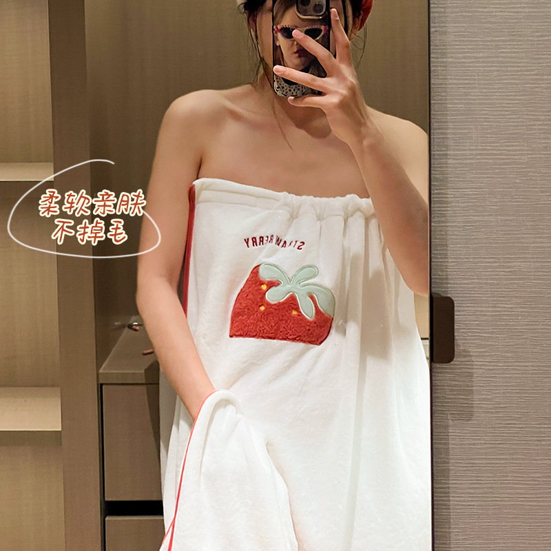 귀여운 딸기 여성용 목욕타올, 웨어러블 랩, 흡수속건 목욕스커트, 목욕가운, 헤어드라이어 캡, 목욕타올 3종 세트