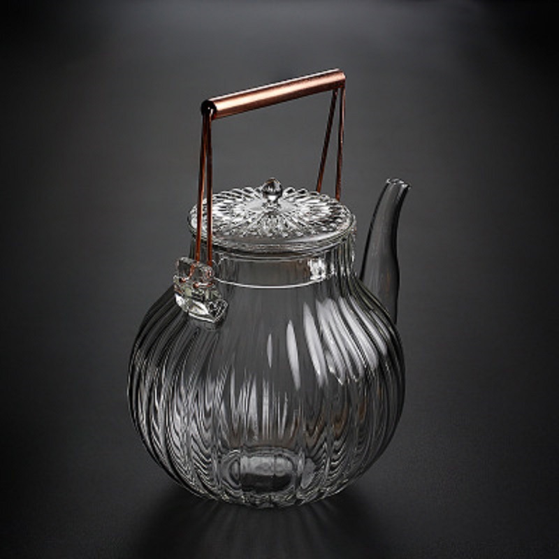 Pétalo de rayas hervidor de agua de estilo japonés cabeza de grúa crisantemo pétalo de vidrio de borosilicato de cobre mango de viga olla flor tetera té