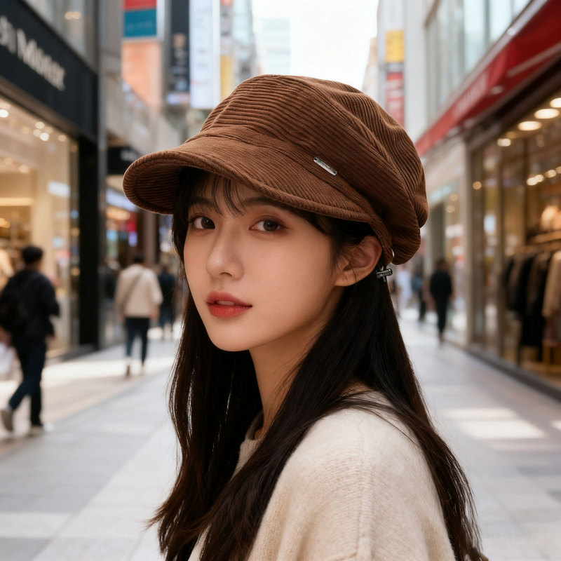 2025年秋冬季灯芯绒帽子女鸭舌贝雷帽大头围遮脸素颜抽绳马术帽潮|undefined