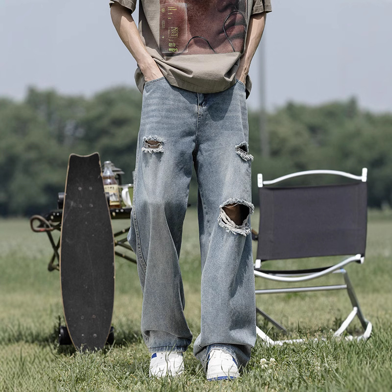 Trendy American Retro Spring and Summer Washed Distressed Ripped Jeans Men's High Street Loose Casual Straight Long Pants