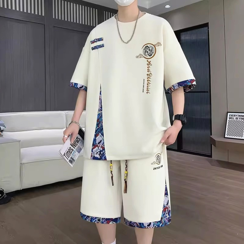 Cross-Border Summer New Chinese-Style National Trend Ice Silk Suit for Men and Teenagers, Short-Sleeved Shorts, Trendy Sports Outfit